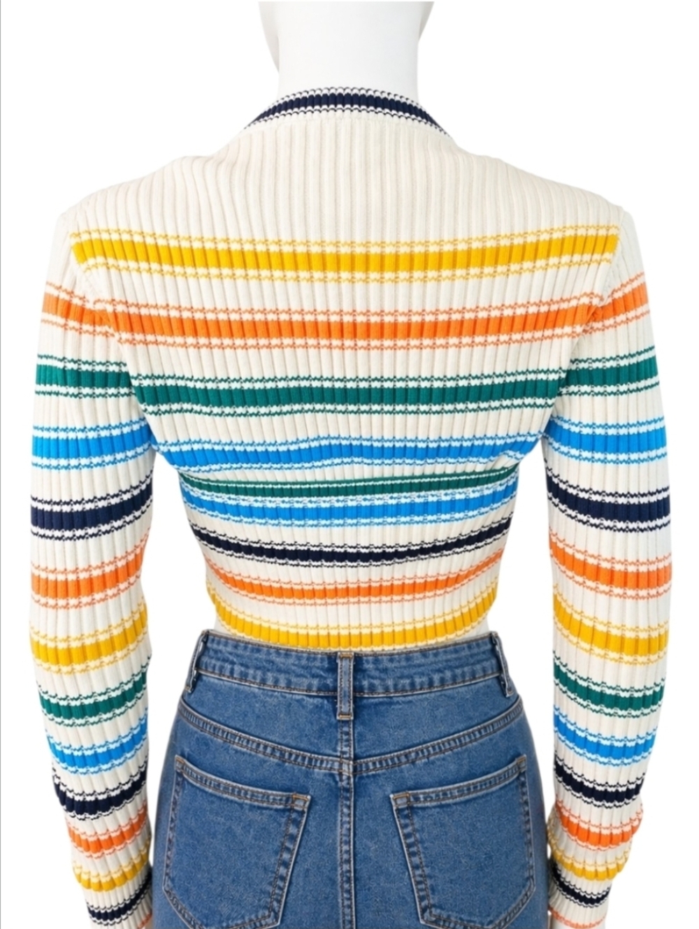 ROSIE ASSOULIN | Rainbow Striped Cutout Wool Cropped Sweater XS - Picture 3 of 11